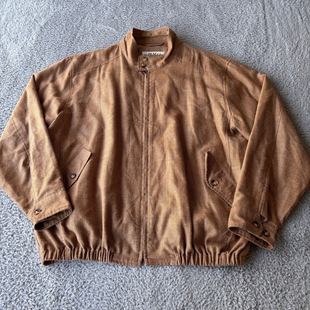 Orvis Bomber Jacket Mens XL Tan Silk Wool Linen Blend Chin Strap Outdoor *RARE*